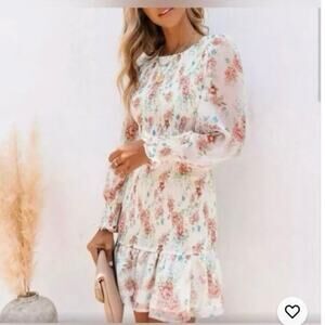 Storia Floral Smocked Chiffon Ruffle Mini Dress Cottagecore Romantic Small